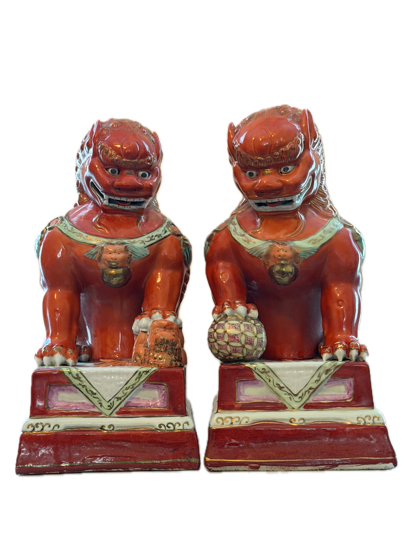 Pair of 20th C Gilded Iron Red Foo Lions