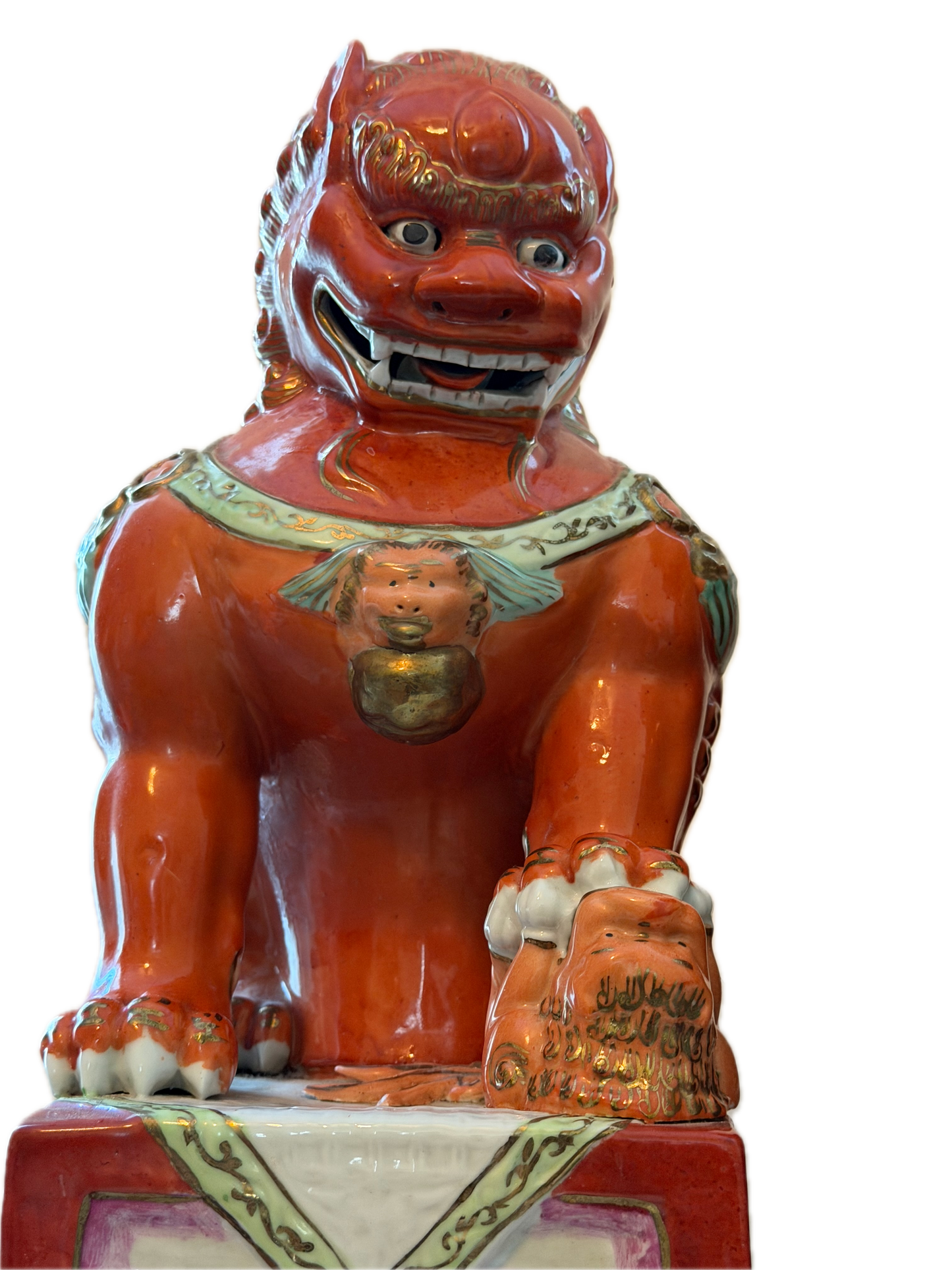 Pair of 20th C Gilded Iron Red Foo Lions