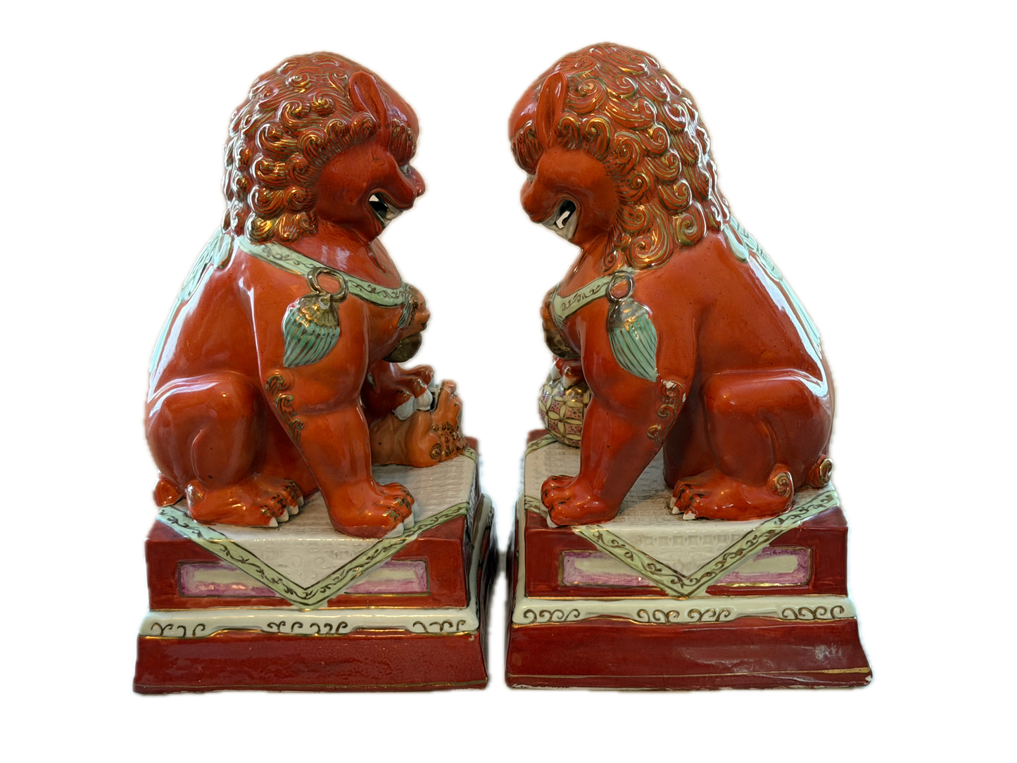 Pair of 20th C Gilded Iron Red Foo Lions