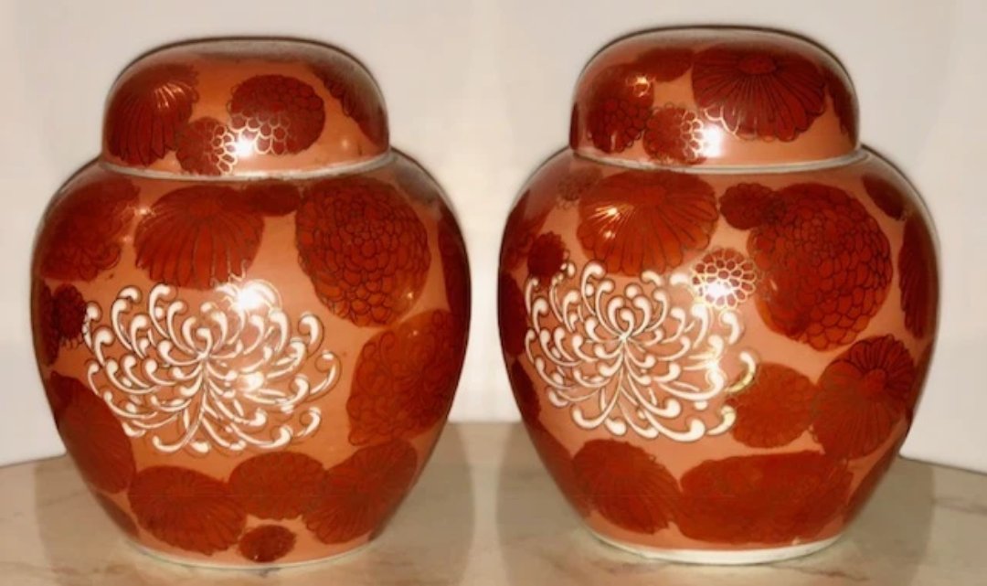 Orange Glaze Chrysanthemum Kutani Ginger Jars