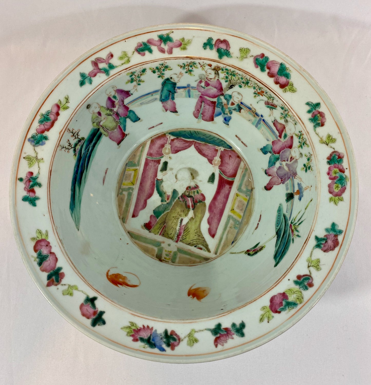 19th C Famille Rose Washbasin Woman and Boys