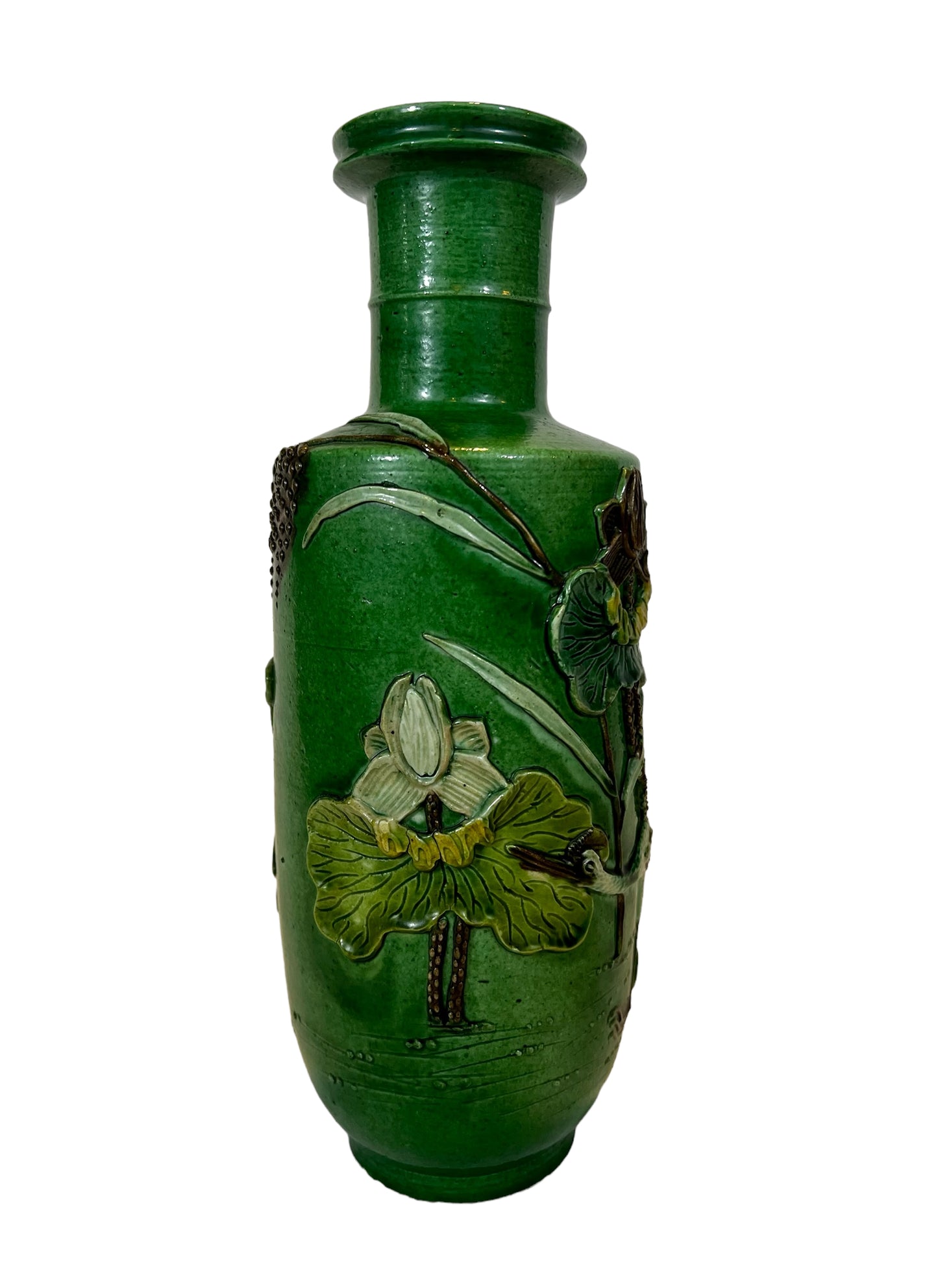Late 19th to Early 20th C Chinese Vase Green Ground Relief