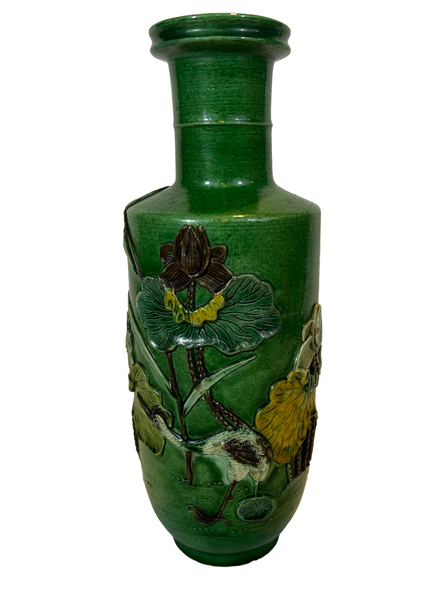 Late 19th to Early 20th C Chinese Vase Green Ground Relief