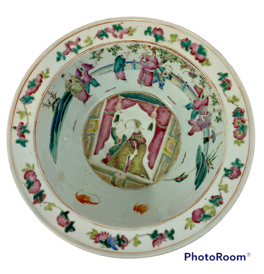 19th C Famille Rose Washbasin Woman and Boys