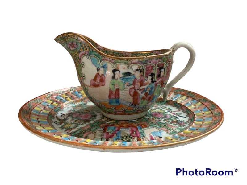 19th C Rose Medallion Porcelain Gravy Boat and Tray