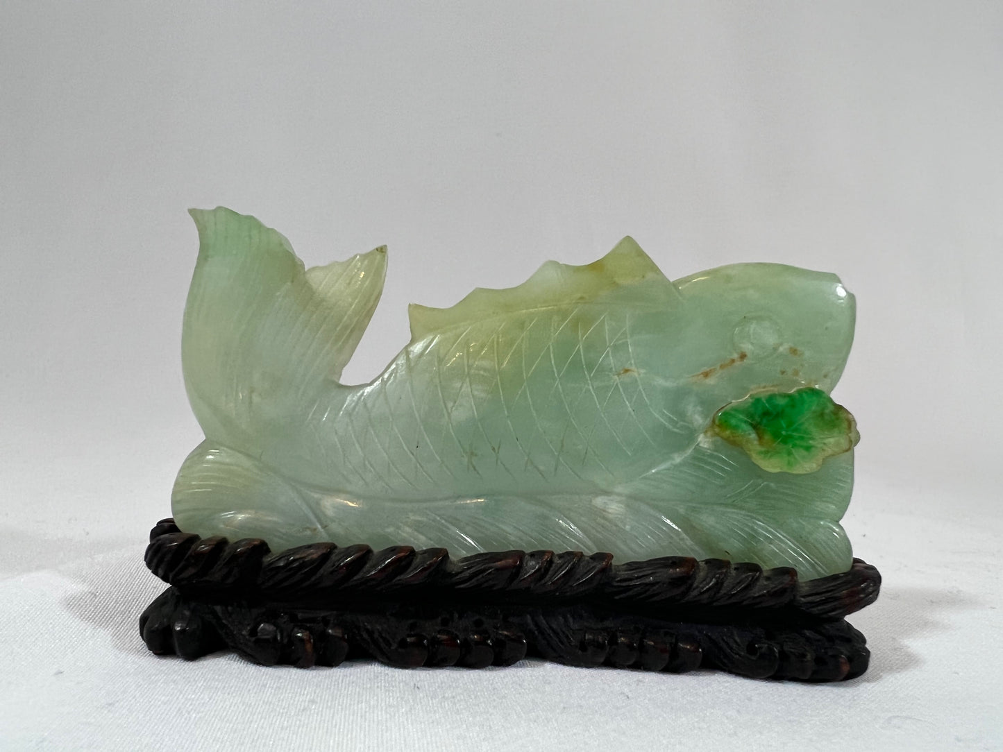 Chinese Carved Jadeite Fish with Wood Base