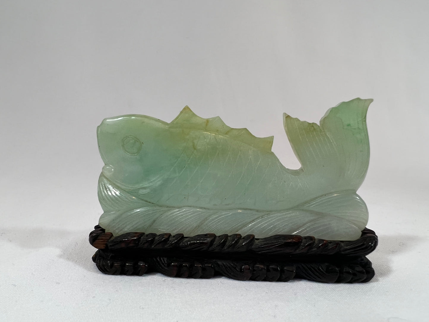 Chinese Carved Jadeite Fish with Wood Base