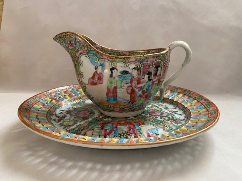 19th C Rose Medallion Porcelain Gravy Boat and Tray